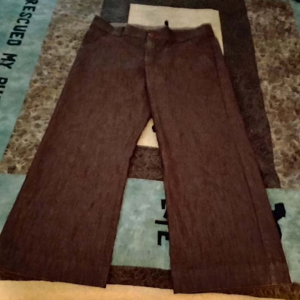Lee brand sharp, brown trousers. No gap waistband. Comfy and professional.